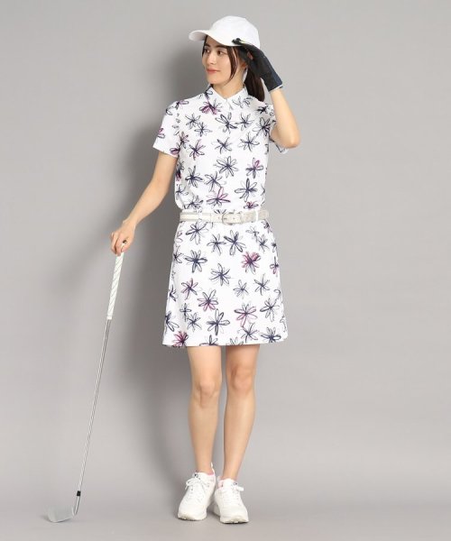 【UVカット/防透け】ラインフラワー柄 半袖ポロシャツ 
