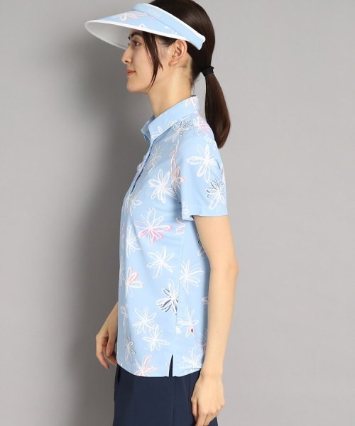【UVカット/防透け】ラインフラワー柄 半袖ポロシャツ 