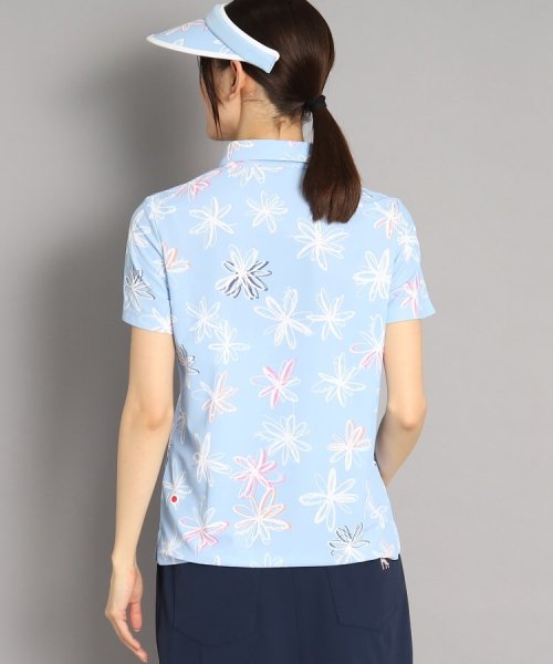 【UVカット/防透け】ラインフラワー柄 半袖ポロシャツ 
