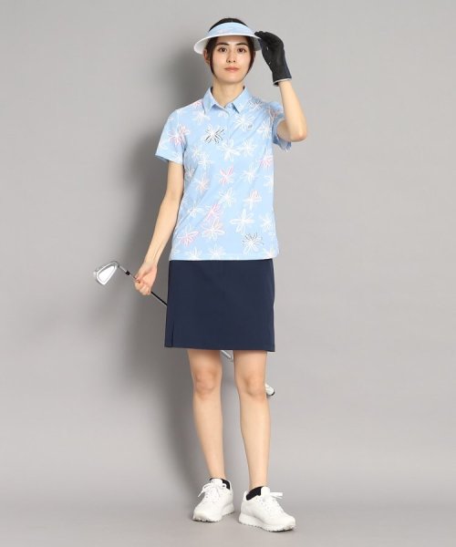 【UVカット/防透け】ラインフラワー柄 半袖ポロシャツ 