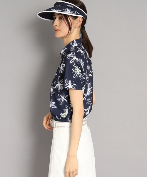 【UVカット/防透け】ラインフラワー柄 半袖ポロシャツ 