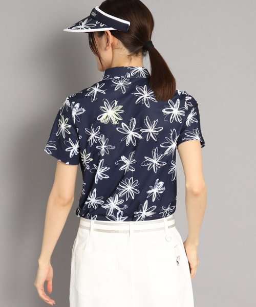 【UVカット/防透け】ラインフラワー柄 半袖ポロシャツ 