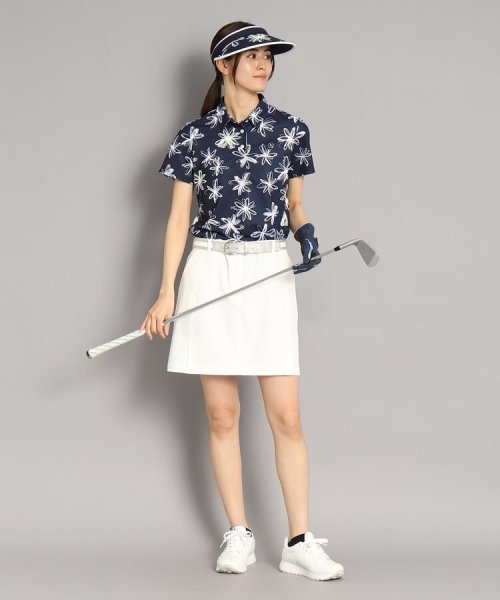 【UVカット/防透け】ラインフラワー柄 半袖ポロシャツ 