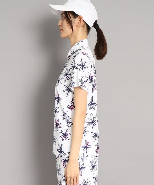 【UVカット/防透け】ラインフラワー柄 半袖ポロシャツ 