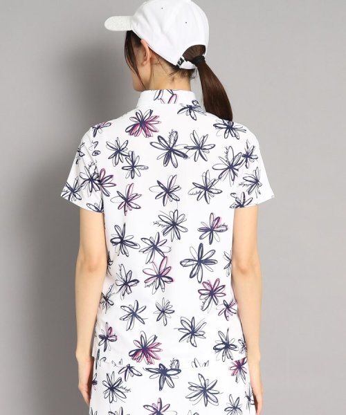 【UVカット/防透け】ラインフラワー柄 半袖ポロシャツ 