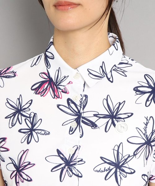 【UVカット/防透け】ラインフラワー柄 半袖ポロシャツ 
