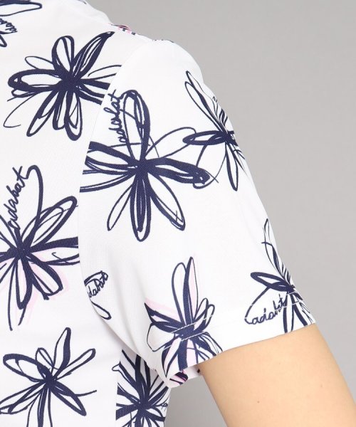 【UVカット/防透け】ラインフラワー柄 半袖ポロシャツ 