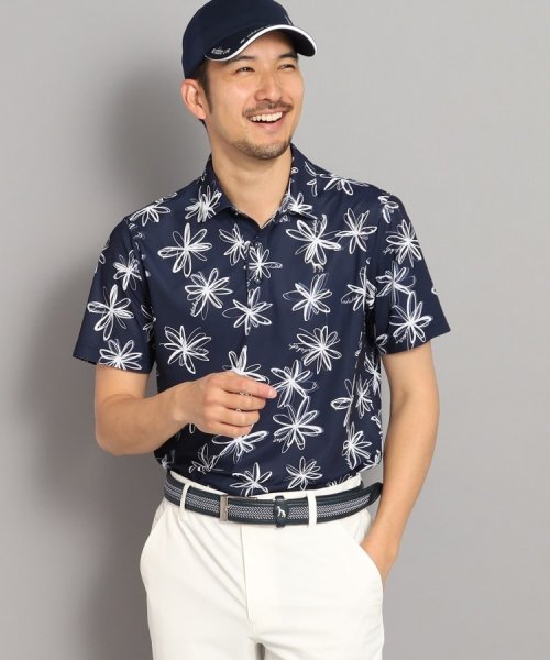 【UVカット/防透け】ラインフラワー柄 半袖ポロシャツ 