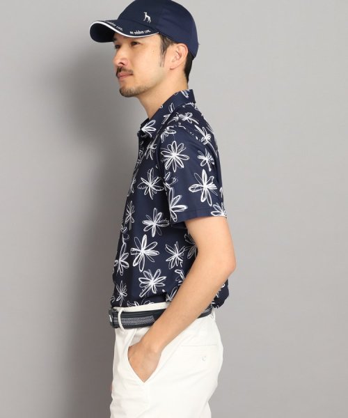 【UVカット/防透け】ラインフラワー柄 半袖ポロシャツ 