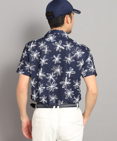 【UVカット/防透け】ラインフラワー柄 半袖ポロシャツ 