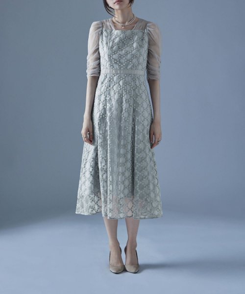 etoll. エトル フラワーダイアゴナルチェックフレアドレス ワンピース ワンピ ドレス 五分袖 ロング マキシ丈 オケワンピ スクエアネック フレア レース etoll エトル 45cm