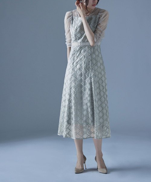 etoll. エトル フラワーダイアゴナルチェックフレアドレス ワンピース ワンピ ドレス 五分袖 ロング マキシ丈 オケワンピ スクエアネック フレア レース etoll エトル 45cm