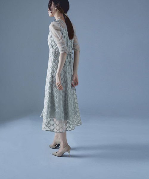 etoll. エトル フラワーダイアゴナルチェックフレアドレス ワンピース ワンピ ドレス 五分袖 ロング マキシ丈 オケワンピ スクエアネック フレア レース etoll エトル 45cm