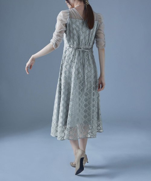 etoll. エトル フラワーダイアゴナルチェックフレアドレス ワンピース ワンピ ドレス 五分袖 ロング マキシ丈 オケワンピ スクエアネック フレア レース etoll エトル 45cm