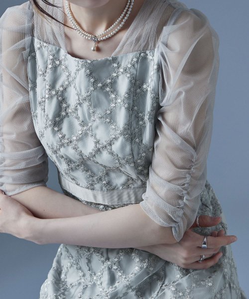 etoll. エトル フラワーダイアゴナルチェックフレアドレス ワンピース ワンピ ドレス 五分袖 ロング マキシ丈 オケワンピ スクエアネック フレア レース etoll エトル 45cm