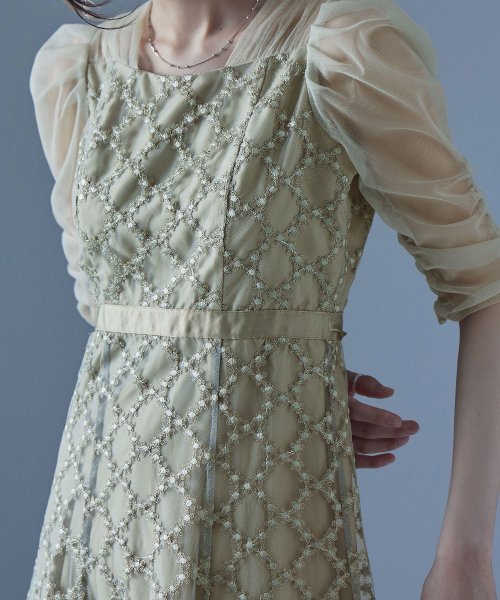 etoll. エトル フラワーダイアゴナルチェックフレアドレス ワンピース ワンピ ドレス 五分袖 ロング マキシ丈 オケワンピ スクエアネック フレア レース etoll エトル 45cm