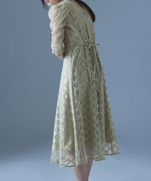 etoll. エトル フラワーダイアゴナルチェックフレアドレス ワンピース ワンピ ドレス 五分袖 ロング マキシ丈 オケワンピ スクエアネック フレア レース etoll エトル 45cm