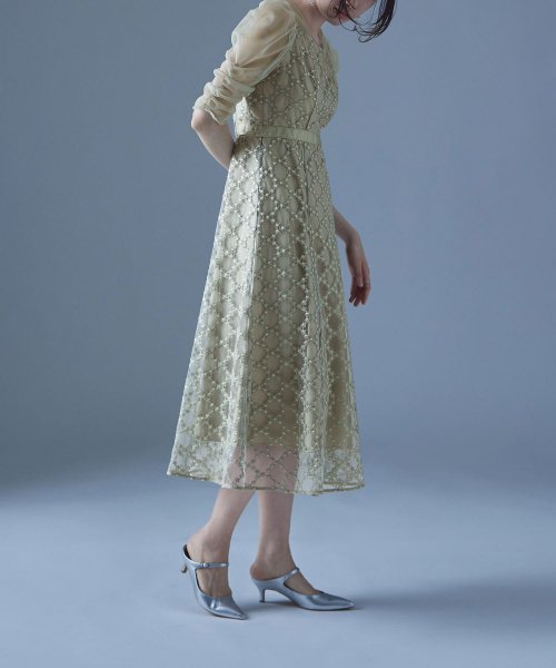 etoll. エトル フラワーダイアゴナルチェックフレアドレス ワンピース ワンピ ドレス 五分袖 ロング マキシ丈 オケワンピ スクエアネック フレア レース etoll エトル 45cm