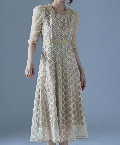 etoll. エトル フラワーダイアゴナルチェックフレアドレス ワンピース ワンピ ドレス 五分袖 ロング マキシ丈 オケワンピ スクエアネック フレア レース etoll エトル 45cm