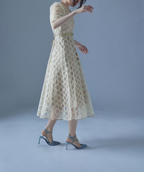 etoll. エトル フラワーダイアゴナルチェックフレアドレス ワンピース ワンピ ドレス 五分袖 ロング マキシ丈 オケワンピ スクエアネック フレア レース etoll エトル 45cm