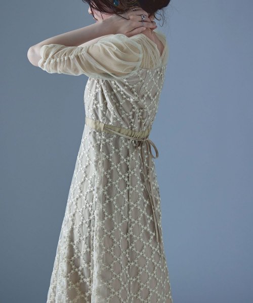 etoll. エトル フラワーダイアゴナルチェックフレアドレス ワンピース ワンピ ドレス 五分袖 ロング マキシ丈 オケワンピ スクエアネック フレア レース etoll エトル 45cm