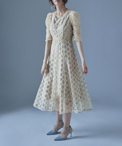 etoll. エトル フラワーダイアゴナルチェックフレアドレス ワンピース ワンピ ドレス 五分袖 ロング マキシ丈 オケワンピ スクエアネック フレア レース etoll エトル 45cm