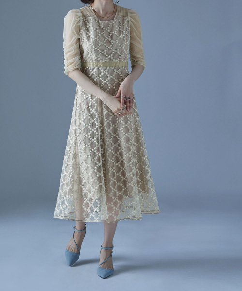 etoll. エトル フラワーダイアゴナルチェックフレアドレス ワンピース ワンピ ドレス 五分袖 ロング マキシ丈 オケワンピ スクエアネック フレア レース etoll エトル 45cm