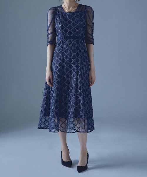 etoll. エトル フラワーダイアゴナルチェックフレアドレス ワンピース ワンピ ドレス 五分袖 ロング マキシ丈 オケワンピ スクエアネック フレア レース etoll エトル 45cm