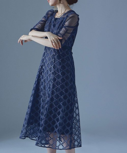 etoll. エトル フラワーダイアゴナルチェックフレアドレス ワンピース ワンピ ドレス 五分袖 ロング マキシ丈 オケワンピ スクエアネック フレア レース etoll エトル 45cm