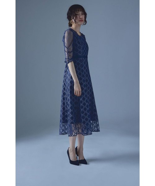 etoll. エトル フラワーダイアゴナルチェックフレアドレス ワンピース ワンピ ドレス 五分袖 ロング マキシ丈 オケワンピ スクエアネック フレア レース etoll エトル 45cm