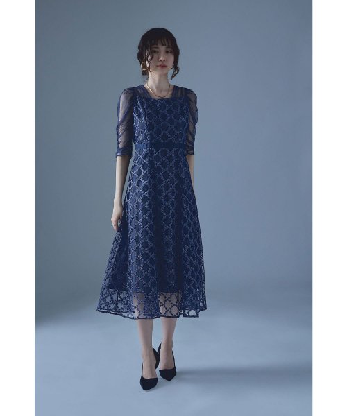 etoll. エトル フラワーダイアゴナルチェックフレアドレス ワンピース ワンピ ドレス 五分袖 ロング マキシ丈 オケワンピ スクエアネック フレア レース etoll エトル 45cm