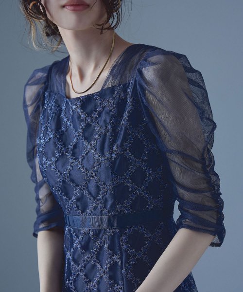 etoll. エトル フラワーダイアゴナルチェックフレアドレス ワンピース ワンピ ドレス 五分袖 ロング マキシ丈 オケワンピ スクエアネック フレア レース etoll エトル 45cm