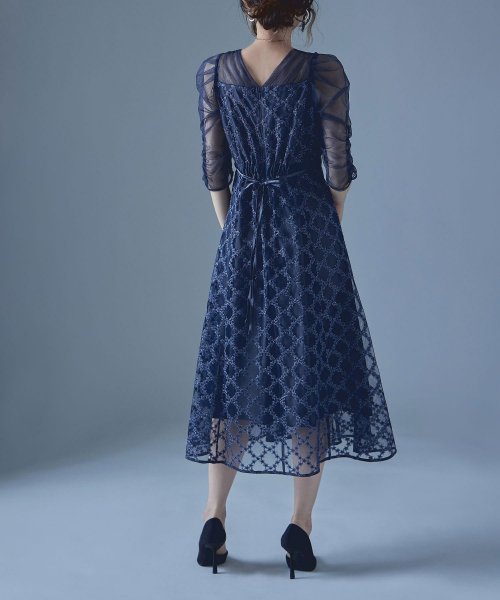 etoll. エトル フラワーダイアゴナルチェックフレアドレス ワンピース ワンピ ドレス 五分袖 ロング マキシ丈 オケワンピ スクエアネック フレア レース etoll エトル 45cm