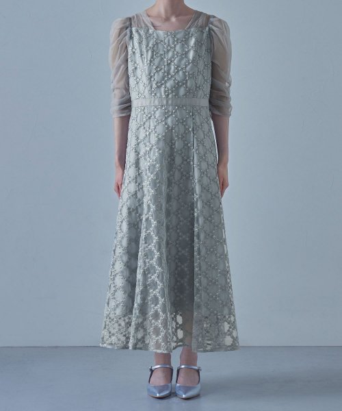 etoll. エトル フラワーダイアゴナルチェックフレアドレス ワンピース ワンピ ドレス 五分袖 ロング マキシ丈 オケワンピ スクエアネック フレア レース etoll エトル 45cm