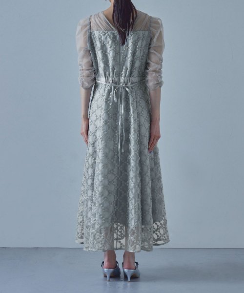 etoll. エトル フラワーダイアゴナルチェックフレアドレス ワンピース ワンピ ドレス 五分袖 ロング マキシ丈 オケワンピ スクエアネック フレア レース etoll エトル 45cm