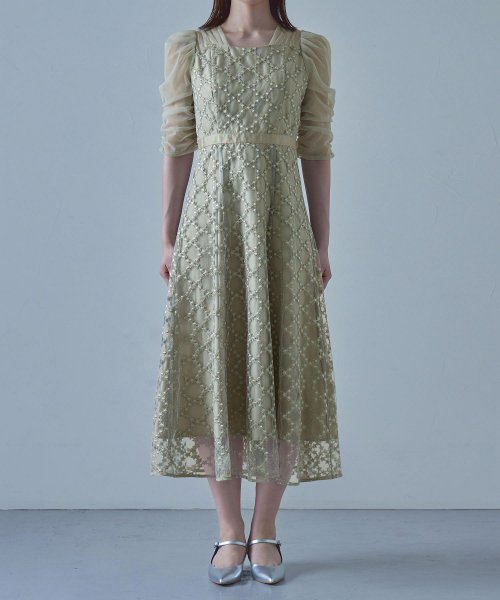 etoll. エトル フラワーダイアゴナルチェックフレアドレス ワンピース ワンピ ドレス 五分袖 ロング マキシ丈 オケワンピ スクエアネック フレア レース etoll エトル 45cm