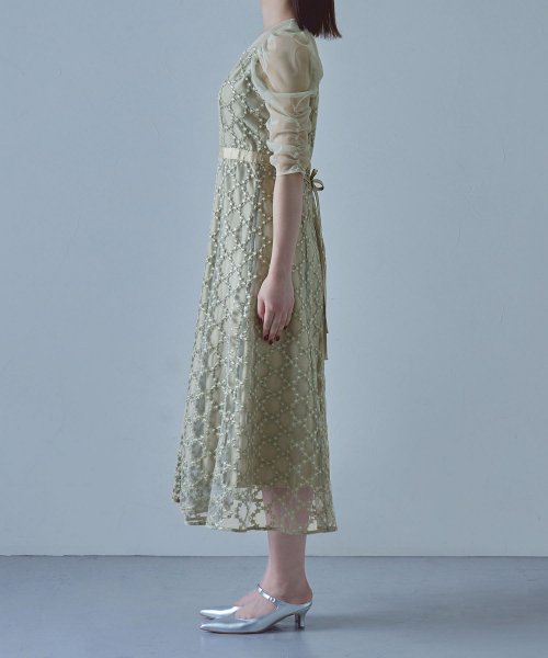 etoll. エトル フラワーダイアゴナルチェックフレアドレス ワンピース ワンピ ドレス 五分袖 ロング マキシ丈 オケワンピ スクエアネック フレア レース etoll エトル 45cm