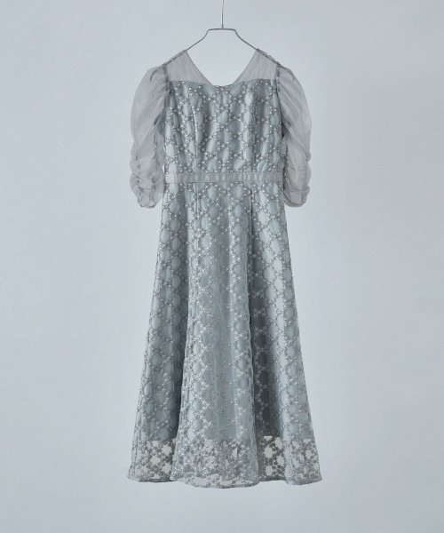 etoll. エトル フラワーダイアゴナルチェックフレアドレス ワンピース ワンピ ドレス 五分袖 ロング マキシ丈 オケワンピ スクエアネック フレア レース etoll エトル 45cm