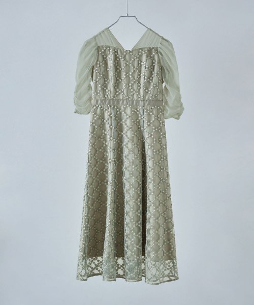 etoll. エトル フラワーダイアゴナルチェックフレアドレス ワンピース ワンピ ドレス 五分袖 ロング マキシ丈 オケワンピ スクエアネック フレア レース etoll エトル 45cm