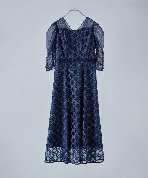 etoll. エトル フラワーダイアゴナルチェックフレアドレス ワンピース ワンピ ドレス 五分袖 ロング マキシ丈 オケワンピ スクエアネック フレア レース etoll エトル 45cm