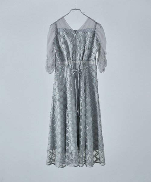 etoll. エトル フラワーダイアゴナルチェックフレアドレス ワンピース ワンピ ドレス 五分袖 ロング マキシ丈 オケワンピ スクエアネック フレア レース etoll エトル 45cm