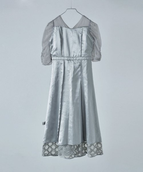 etoll. エトル フラワーダイアゴナルチェックフレアドレス ワンピース ワンピ ドレス 五分袖 ロング マキシ丈 オケワンピ スクエアネック フレア レース etoll エトル 45cm