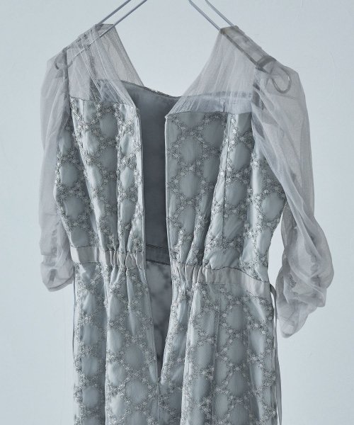 etoll. エトル フラワーダイアゴナルチェックフレアドレス ワンピース ワンピ ドレス 五分袖 ロング マキシ丈 オケワンピ スクエアネック フレア レース etoll エトル 45cm