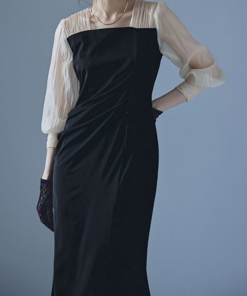 etoll. エトル ドレープデザインIラインドレス ワンピース ワンピ ドレス 長袖 オケージョン オケワンピ タイト ロング ペンシルシルエット Iライン etoll エトル