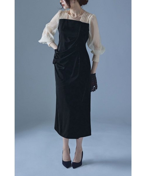 etoll. エトル ドレープデザインIラインドレス ワンピース ワンピ ドレス 長袖 オケージョン オケワンピ タイト ロング ペンシルシルエット Iライン etoll エトル