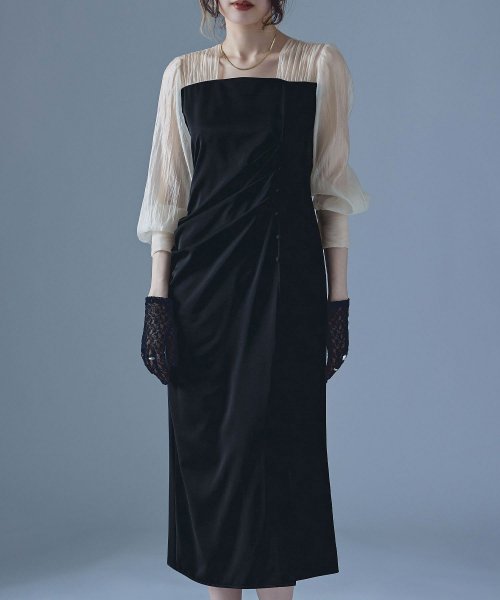 etoll. エトル ドレープデザインIラインドレス ワンピース ワンピ ドレス 長袖 オケージョン オケワンピ タイト ロング ペンシルシルエット Iライン etoll エトル