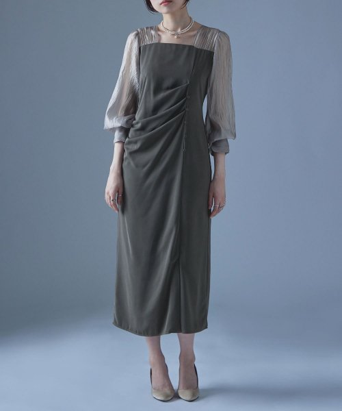 etoll. エトル ドレープデザインIラインドレス ワンピース ワンピ ドレス 長袖 オケージョン オケワンピ タイト ロング ペンシルシルエット Iライン etoll エトル