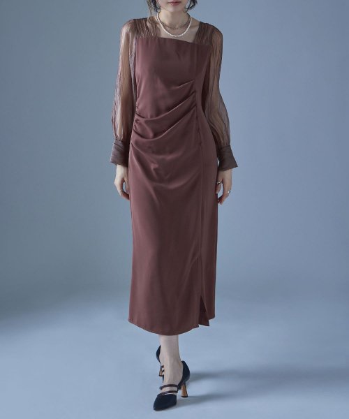 etoll. エトル ドレープデザインIラインドレス ワンピース ワンピ ドレス 長袖 オケージョン オケワンピ タイト ロング ペンシルシルエット Iライン etoll エトル