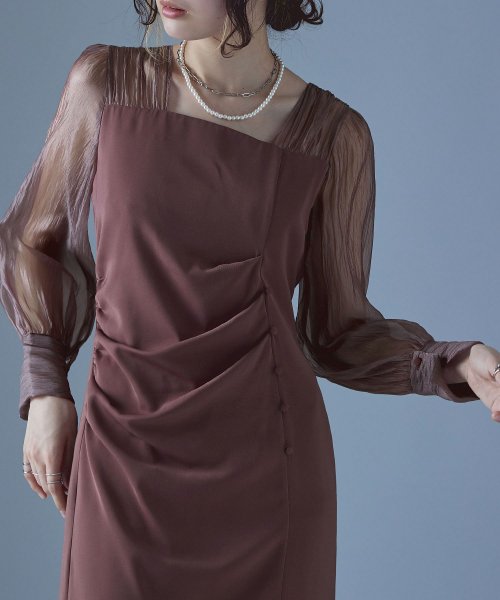 etoll. エトル ドレープデザインIラインドレス ワンピース ワンピ ドレス 長袖 オケージョン オケワンピ タイト ロング ペンシルシルエット Iライン etoll エトル
