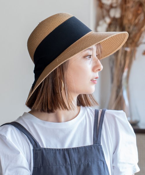 キャペリンハット【aroco/アロコ】リボン ペーパー素材 レディース ビッグリボン 幅広 深め つば広 軽量 サイズ調整可能 アジャスター付き UV 紫外線
